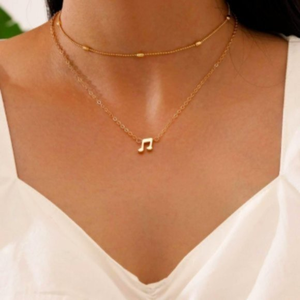 New Boutique Gold Slanted Beamed Eighth Music Note 2 Piece Necklace Set Musician
